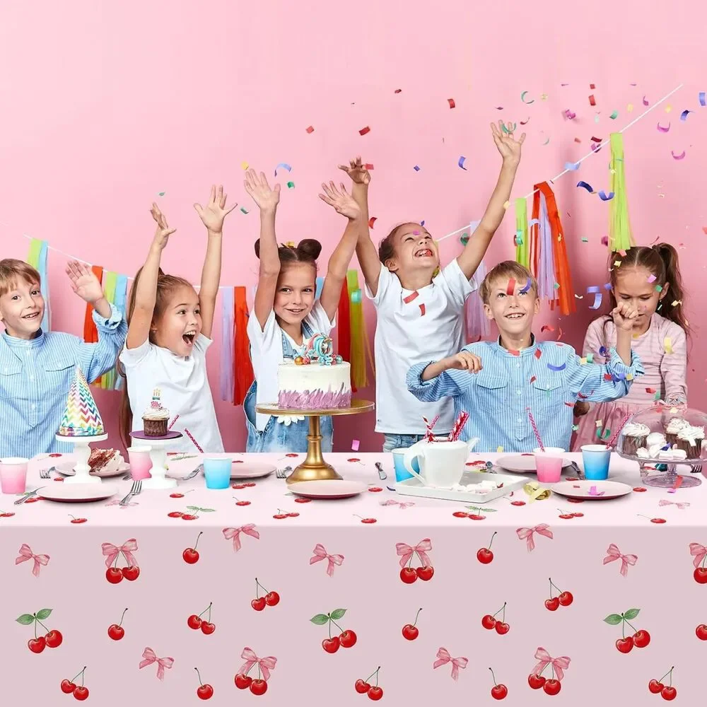 3Pcs Cherry & Bow Birthday Tablecloths 54x108 Disposable Plastic Party Cover